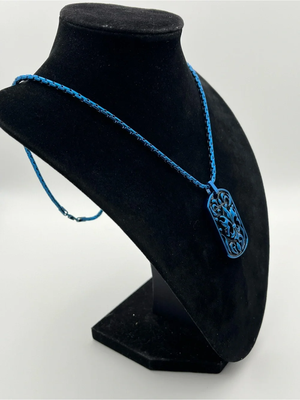 Unisex, 22” Stainless Steel Blue Filigree Dog Tag Necklace